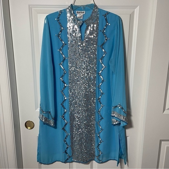 Marisol of India Tunic Dress Blue Chiffon Silver Sequins Embellished Beaded 14 - Picture 9 of 16